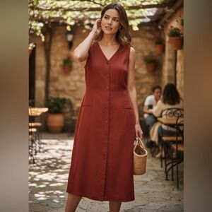 Vintage Hunt Club Sleeveless Scarlet Button-Front Midi Dress